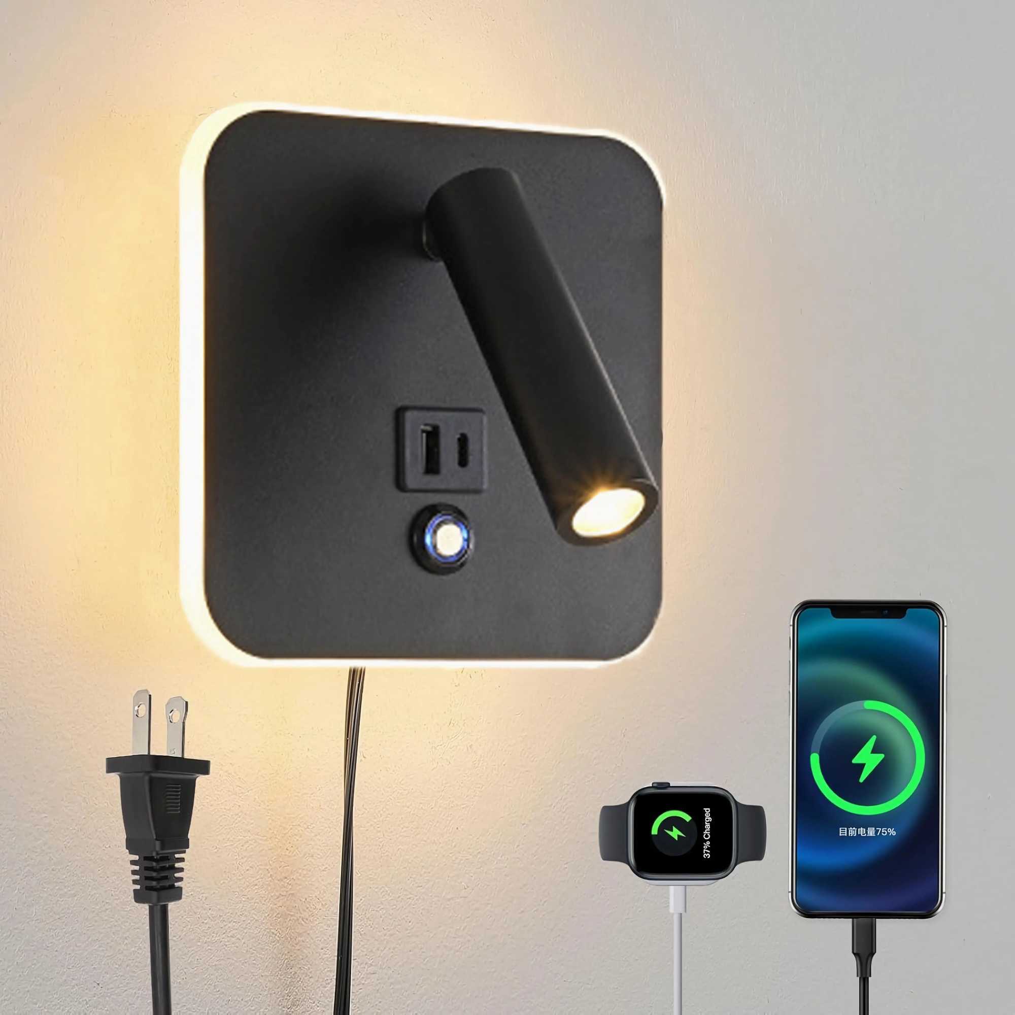 LED Wall Lamp USB Charging Indoor Bedroom Hotel Bedside Reading Lamp Wall Lights Multifunctional Touch Wall Sconces Night LightXJ250526