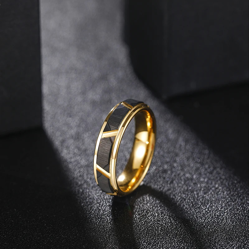 Tigrade 6mm/8mm Mens Tungsten Rings Groove Beveled Edge Pattern Brushed Black Gold Color Wedding Bands Engagement Ring 250603