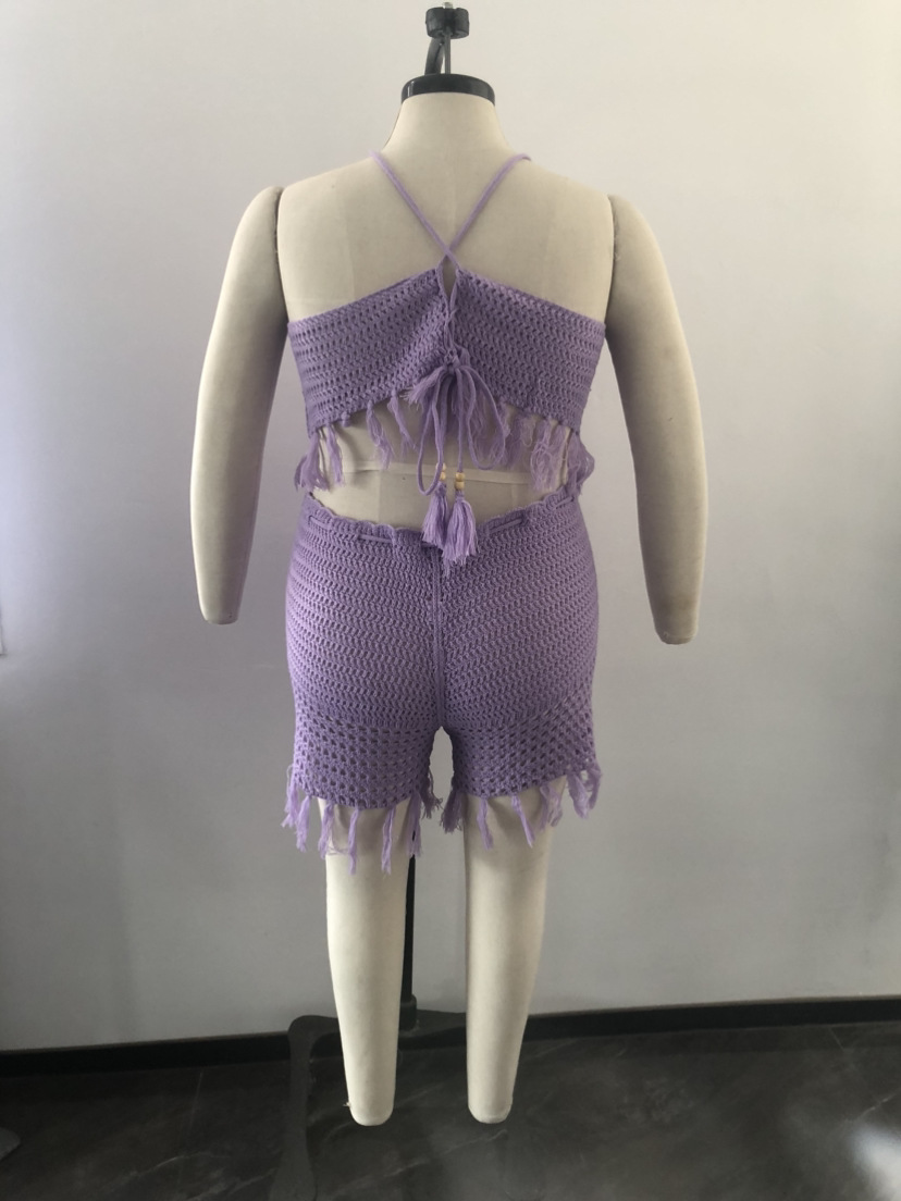 Women's Plus Size XL-XXXXXL size two-piece pants set Sexy stylish backless tie straps Leisure tassel fishnet knitting design Beach sun-protective