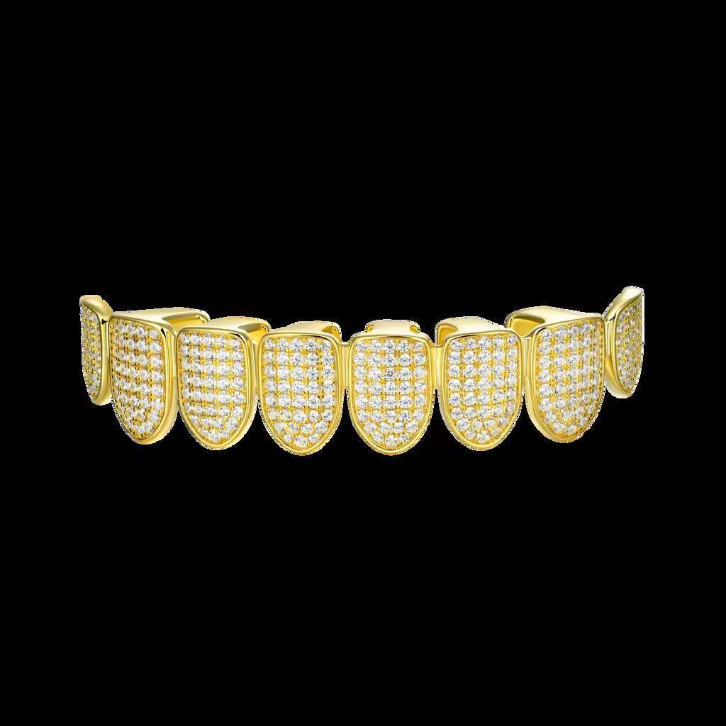 Fully Iced Gold Grillz Hip Hop Diamond Teeth Grillz 8 Top 8 Bottom Teeth One Size Fits All Moissanite Main Stone for Weddings