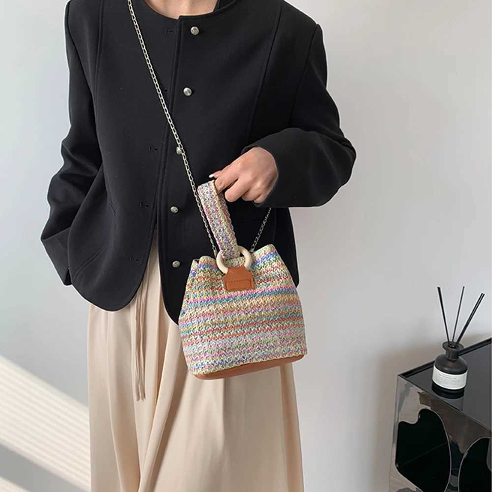 Colorful Straw Bucket Bag Fashion Hand-Woven Mini Bucket Bag Women Chain Sling Purses Female Crossbody Bag Summer Tote Hobo Bag W250524