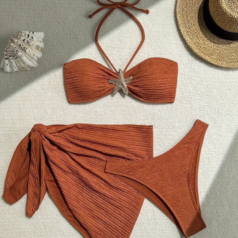 Free Shipping 2025 New Designer Solid Color Swimsuit Three Piece Set Strapless Beach Skirt Bikini Women