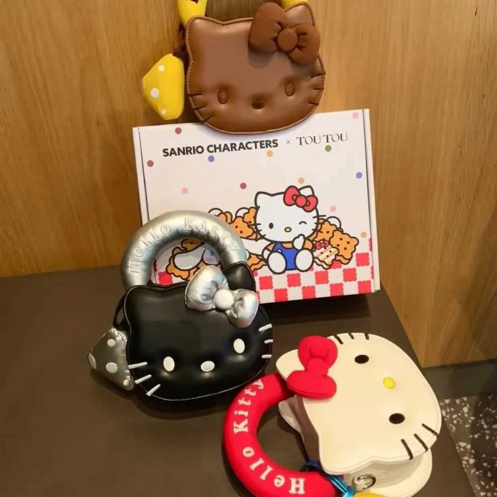 New Hello Kitty Handbag Mini Pu Leather Sand Biscuit Wide Handle Crossbody Bag Anime Girl 3D Kitty Face Shaped Shoulder Bagw250526