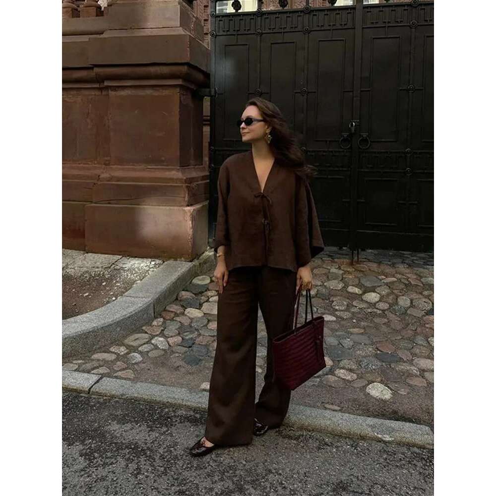 2025 Summer Women's Fashion Outfits Chic Brown Cotton Linen Lace Up Shirt Suits Casual V Neck Long Sleeves Loose Pants Set Lady