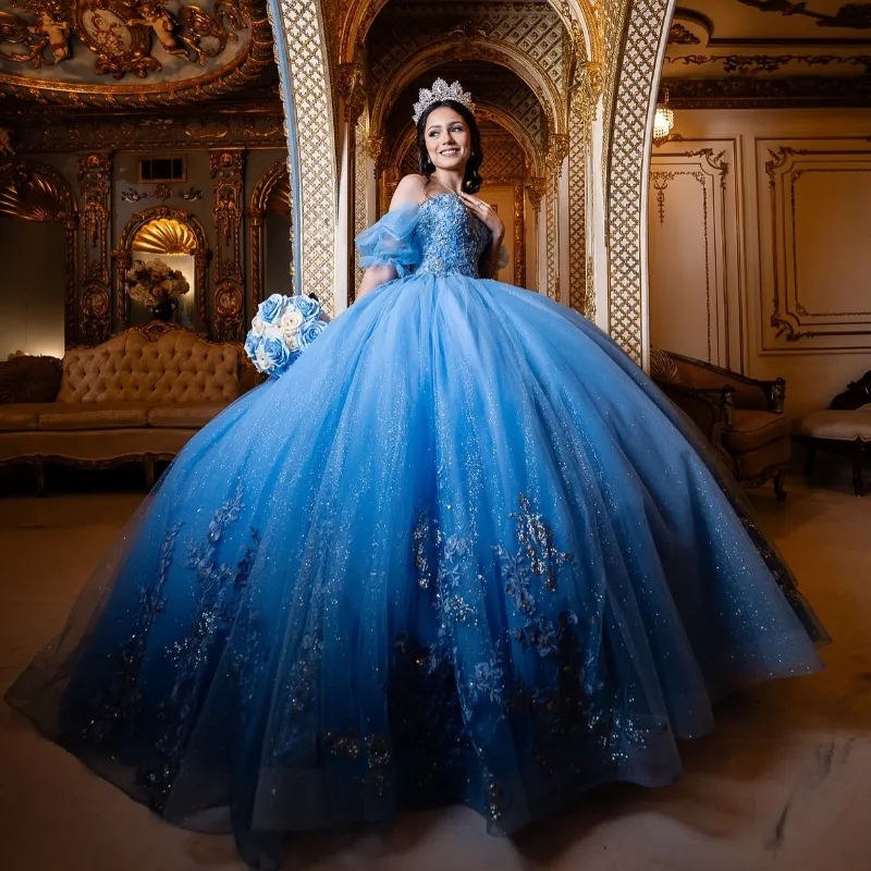 Sky Blue Shiny Ball Gowns Quinceanera Dresses Off The Shoulder Appliques Lace Beading Tull Lace Up Vestido De 15 Anos Sweet 16 Dress