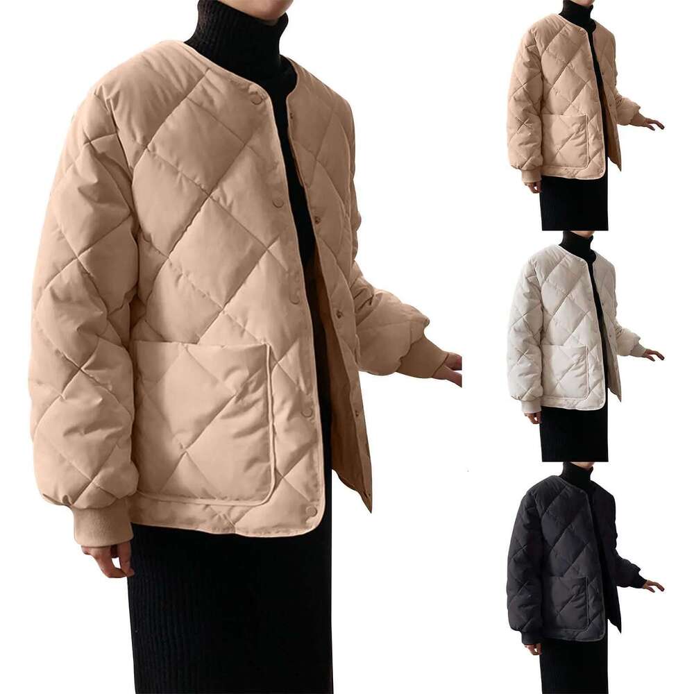 Winter Coat Female Women's Cotton Padded Jacket With Dia Check And Collarless Pocket Abrigos Invierno Mujer 2024