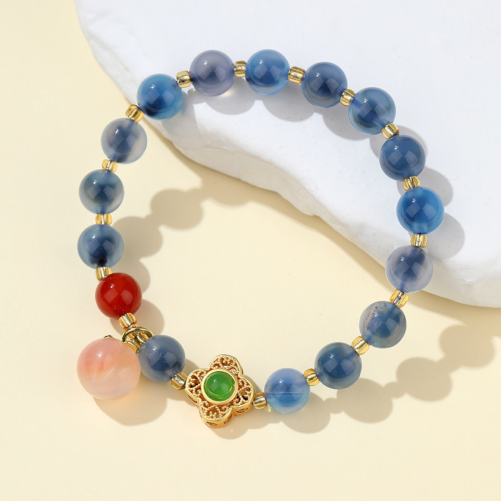 Temple style Sugar Heart Agate Bracelet, Women's New Chinese Handstring, Good Luck Peach Pendant, Bracelet