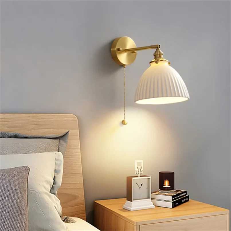 Modern White Ceramic Wall Mounted Lamps for Hotel Bedroom Bedside Pull Switch Sconce Light Fixtures Nordic Hallway Aisel IndoorXJ250526