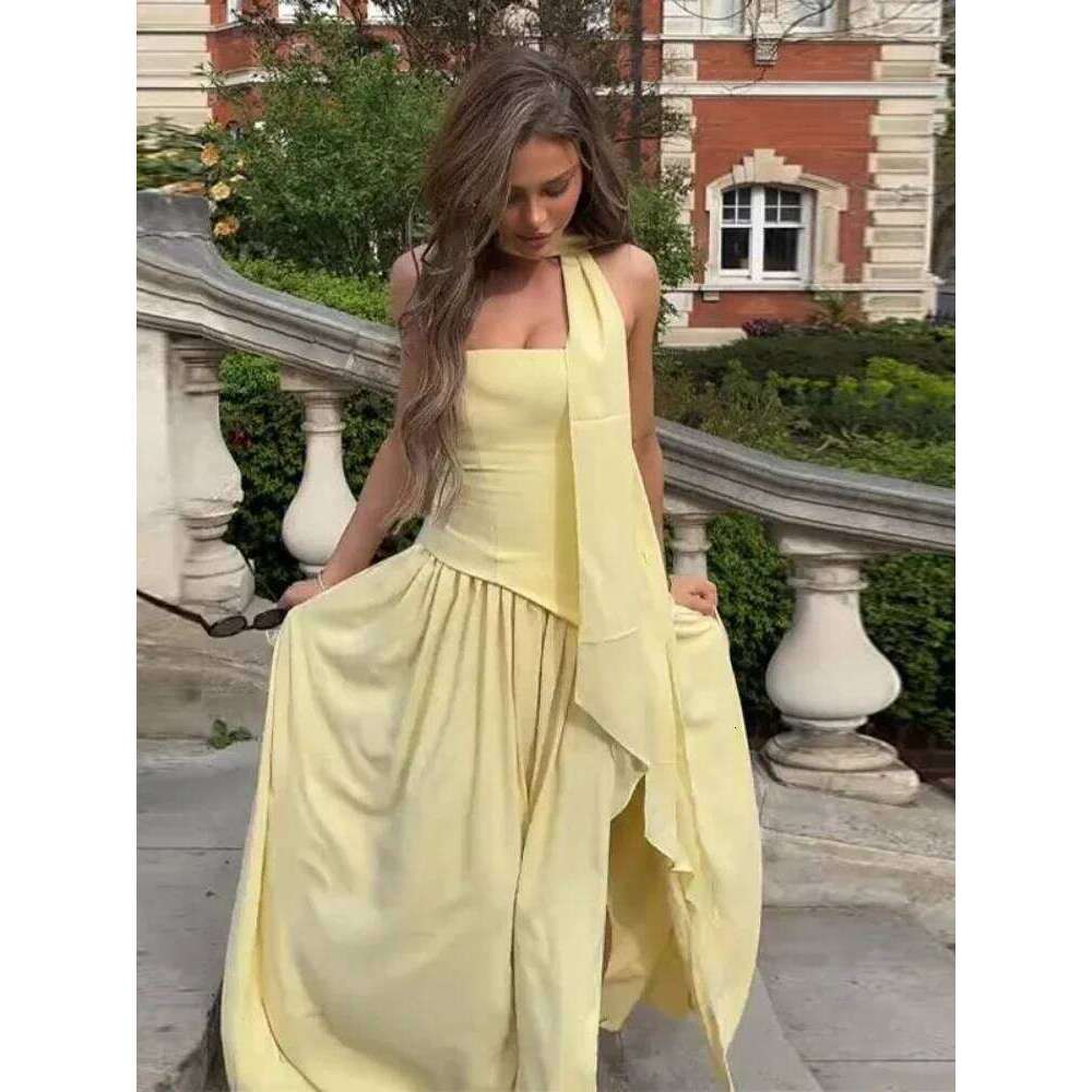 Butter Yellow Pleated Scarf Collar Long Dress Women Tie Back Spliced Backless Split Party Dresses 2025 Summer Asymmetric Robes
