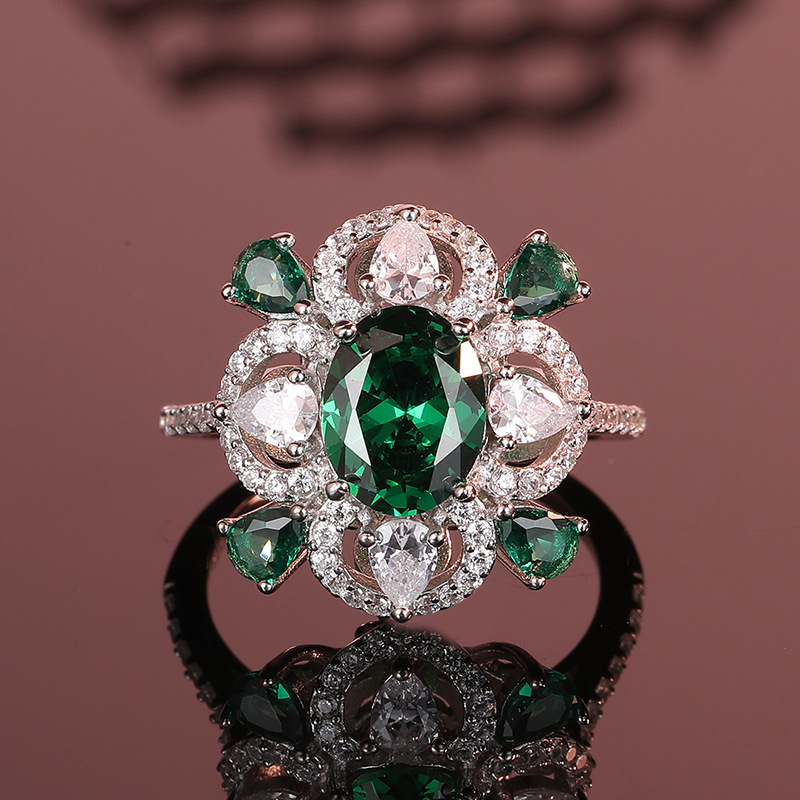 925 Sterling Silver Vintage-Inspired Emerald Ring with Waterdrop Shape and Full Diamond Inlay, Elegant Design for Women, In-Stock and Ready to Ship