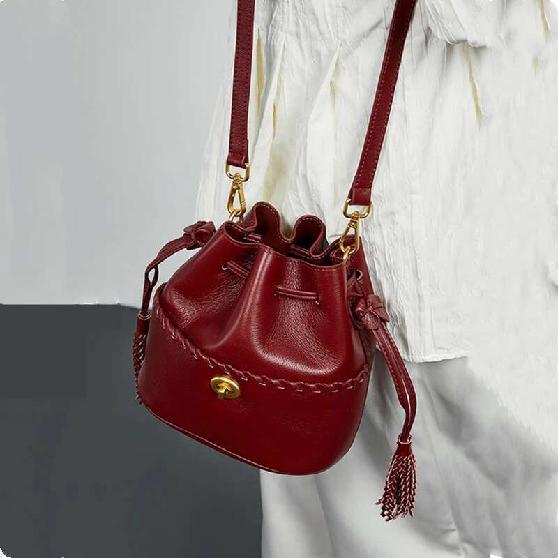 Burminsa Cow Genuine Leather Drawstring Bucket Small Shoulder Crossbody Bags For Women Designer Tote Ladies Handbags bag