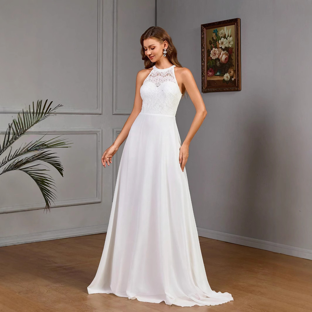 Fashionable neck hanging embroidered slit dress with slim fit and ground falling fish tail temperament evening gown