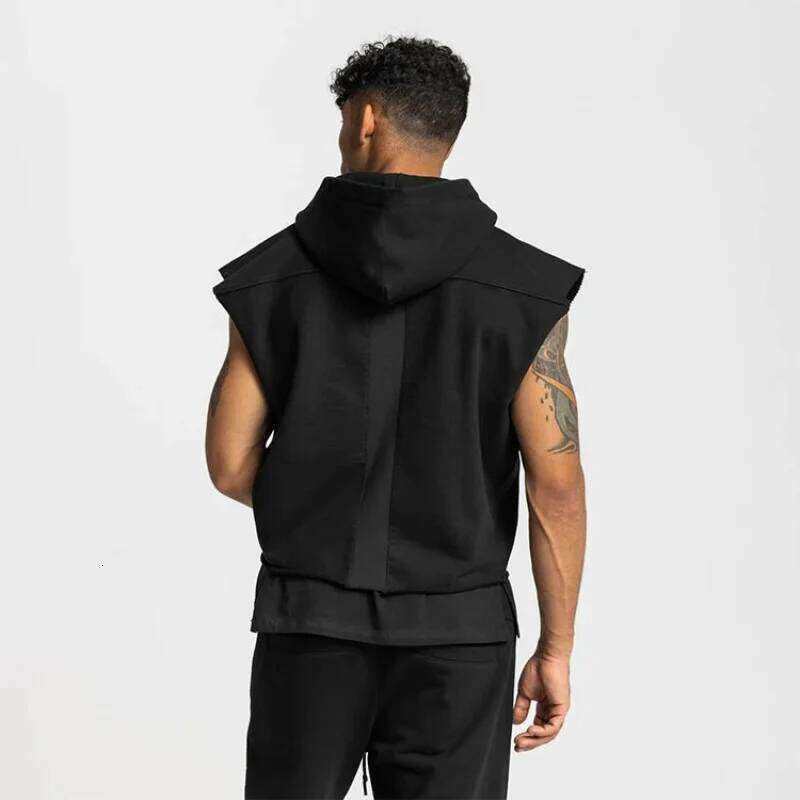 Korean Trend Trendy Loose Spring New Hooded Sleeveless T-Shirt Men's Solid Embroidery Patchwork Pockets Breathable Sports Tops