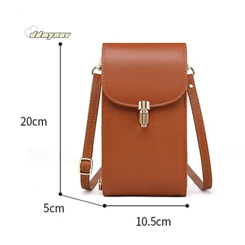 Genuine Leather Phone Solid Color Flip Round Lock Women's Crossbody Bag with Long Shoulder Strap and Credit Card Slot ddmynov