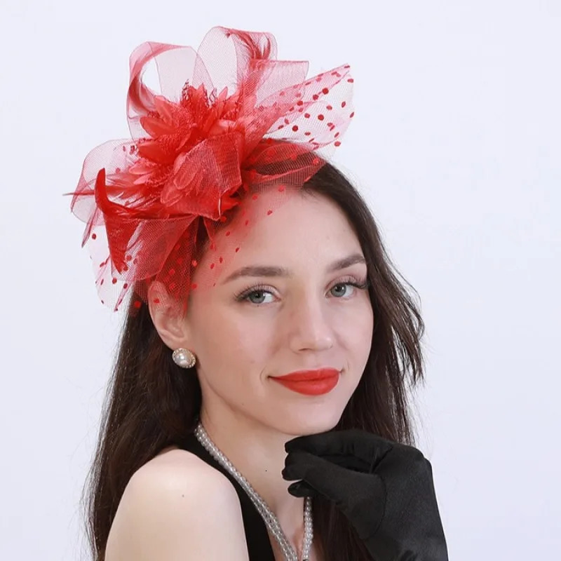 Women Mesh Flower Fascinator Hat Wedding Party Feather Floral Mesh Veil Headband Ladies Cocktail Tea Party Hair Accessories 250520