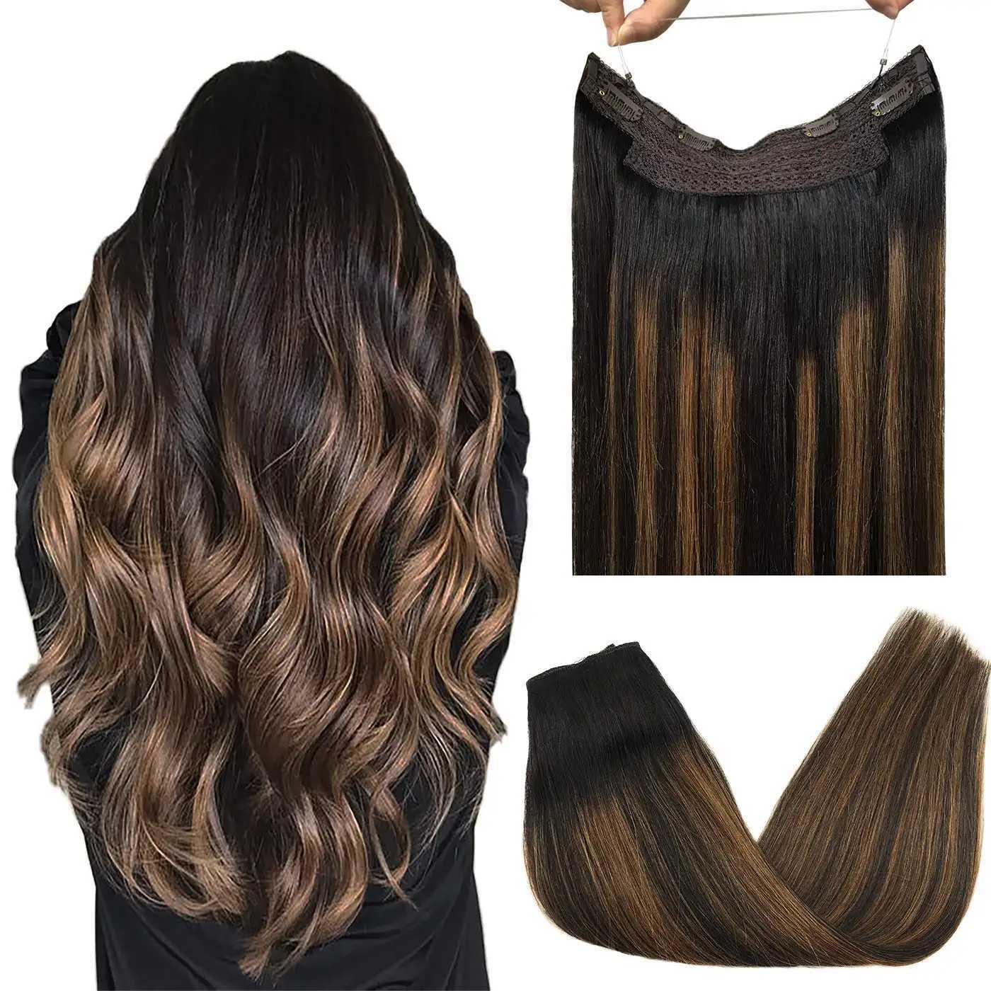 Wire Hair Extensions Human Hair Straight Remy Invisible Fishing Wire Balayage Ombre Blonde Golden Hair Extensions with 4 Clips S25526