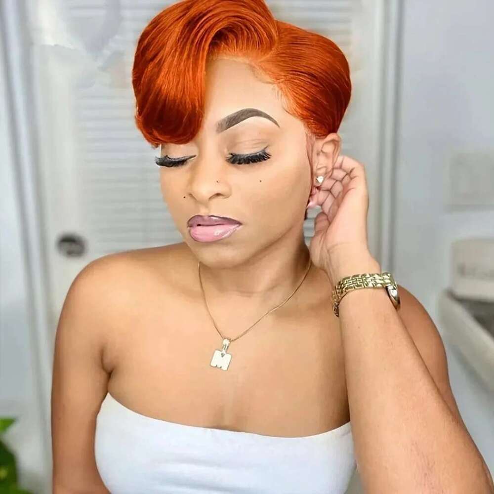 Highlight Color 13x4 Frontal WIgs Lace Pixie Cut Human Hair Short Bob Wig Orange for Black Wome