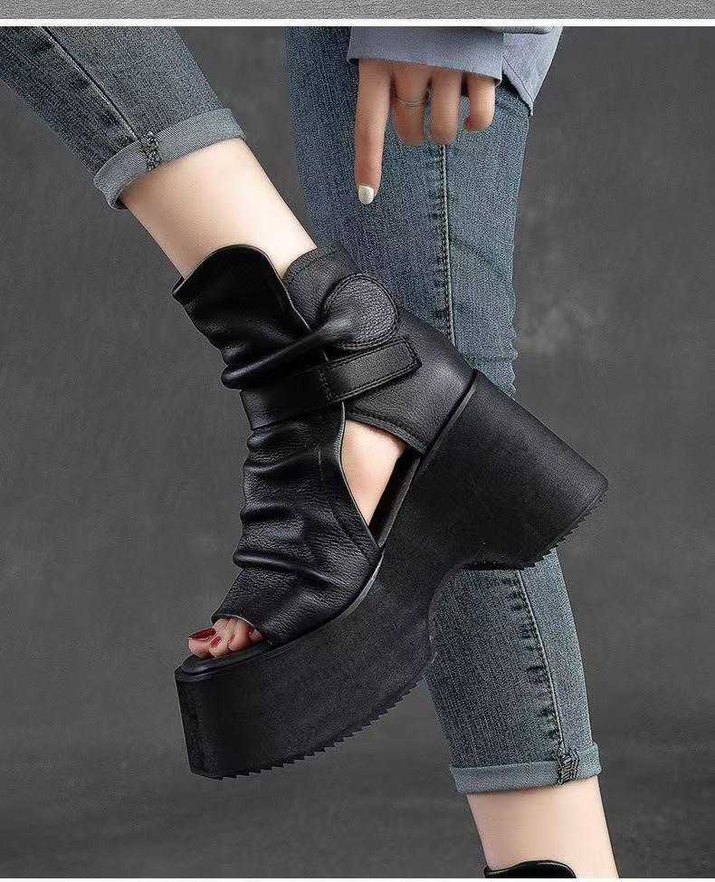 Retro thick-soled women's Spring/Summer 2025 new fish-mouth sponge high-top Roman sandal women