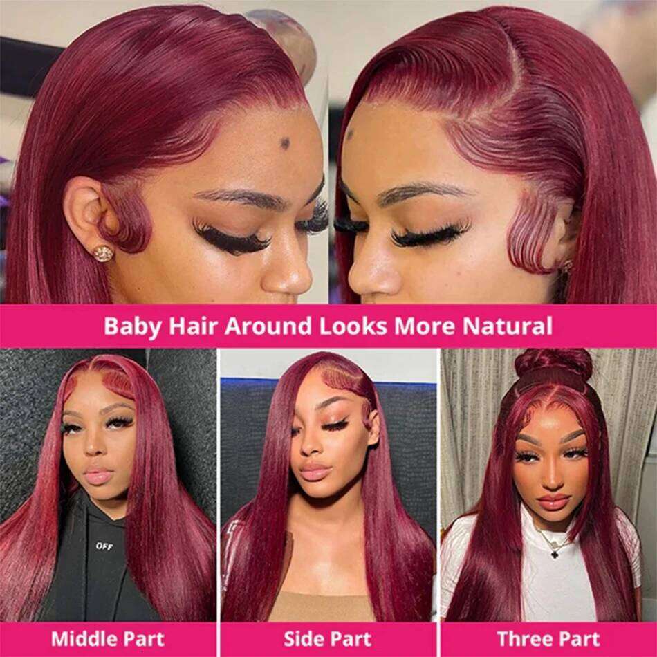 99J Colored Front Human Hair Straight Bury 13x4 Transparent Full Lace Frontal Wig Red Brazilian Wigs For Women