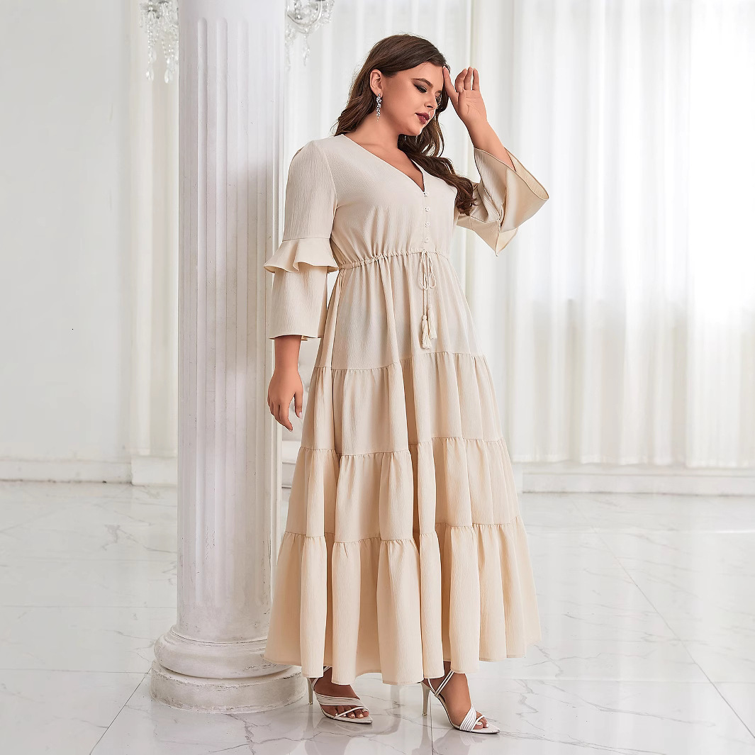 2025 Spring/Summer New Womens Fashion Casual Solid Color Big Swing V-neck Skirt