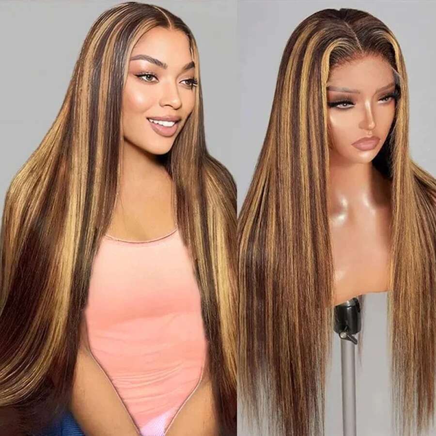 Brown P4/27 Straight 13x4 Frontal Human Hair Wigs Brazilian Highlight Colored Lace Front Wig For Women 28 30 32 34 36 Inch