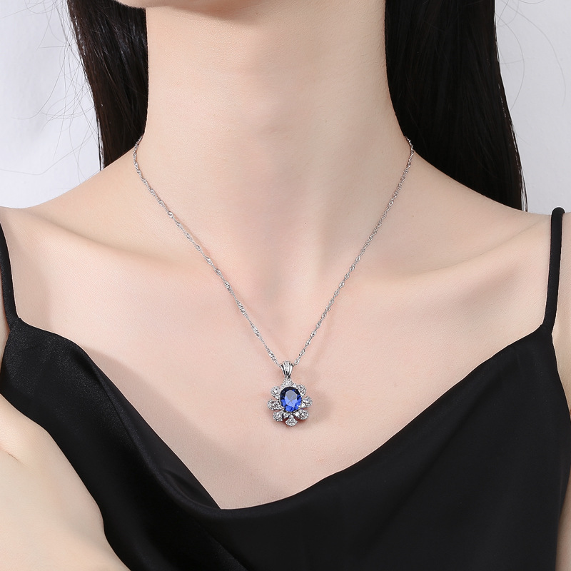 925 Sterling Silver Multi-Color Gemstone Necklace with Green, Blue, and Red Gemstones, Full Diamond Inlay, Princess Style Jewelry for Women