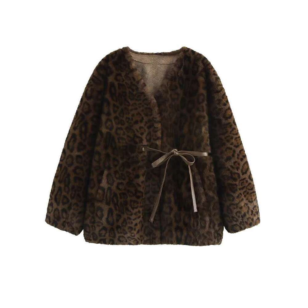 2024 women's leopard print mid-length fur integrated gold mink veet temperament slim v-neck coat