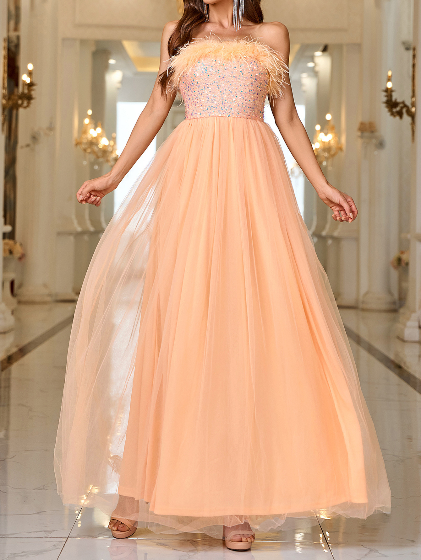 Summer new solid color sequin elegant dress with a mesh skirt