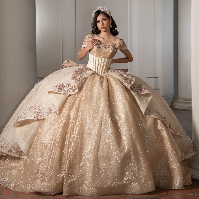 Gold Shiny Quinceanera Dresses Ball Gown Off The Shoulder Applique Beading Crystal Bow Tull Party Birthday Sweet 16 Dress Vestidos 15 Anos