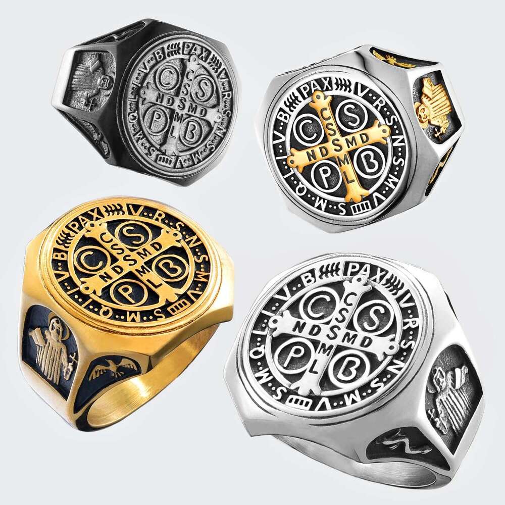 Catholic Saint Benedict Exorcism Amulet Men Rings Stainless Steel Women Jewelry Vintage Punk Fashion Accessories Gift Wholesale