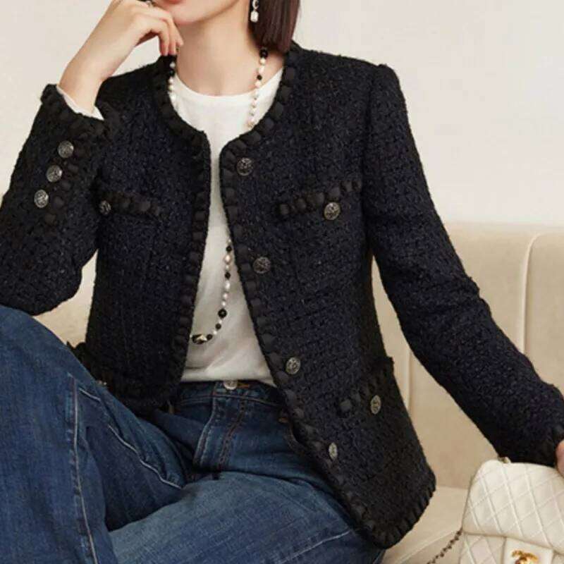Black Tweed For Women's Autumn/Winter Tops, Short And Versatile Small Fragrant Woolen Jacket