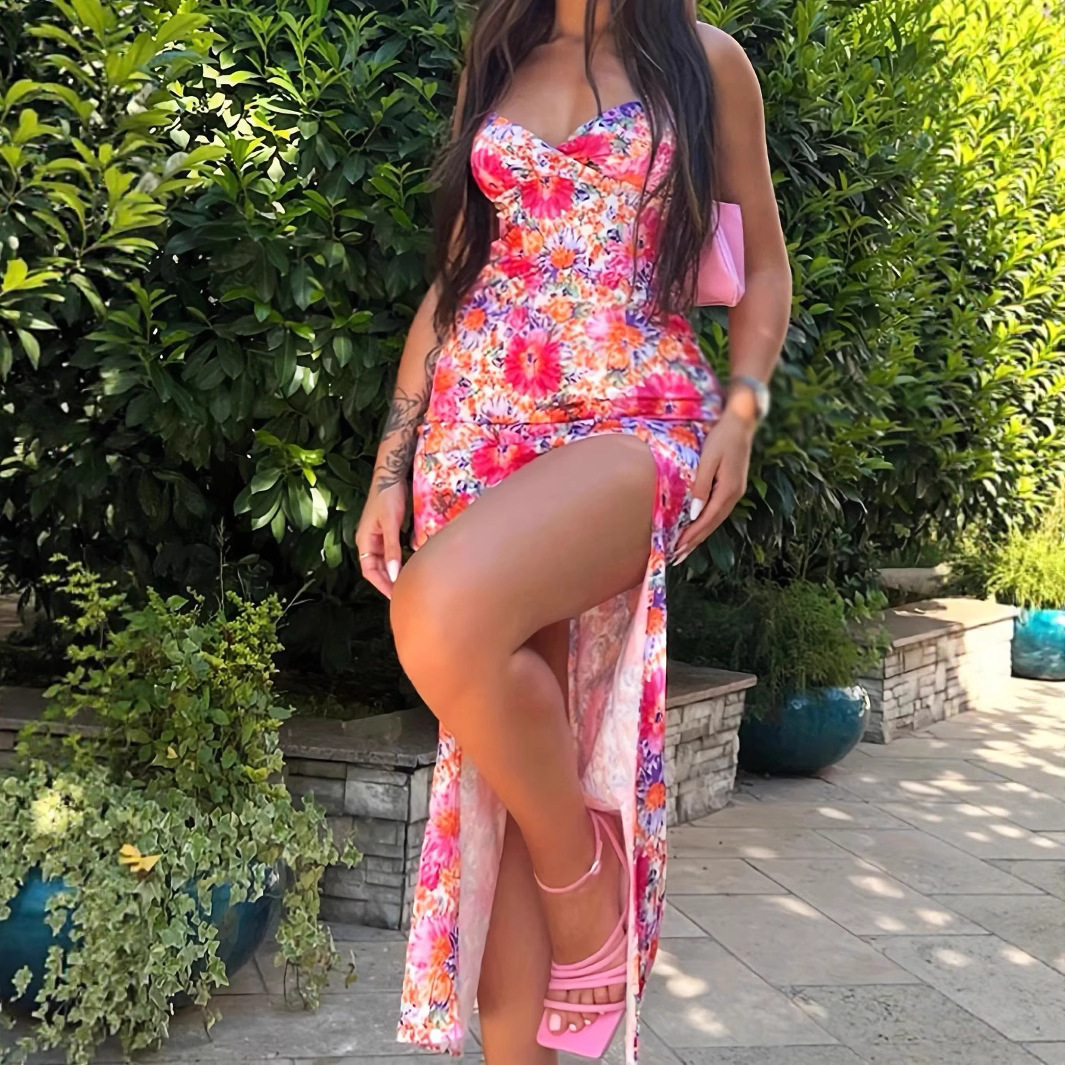 Wind womens clothing 2025 summer digital print V-neck suspender mid length split suspender dress