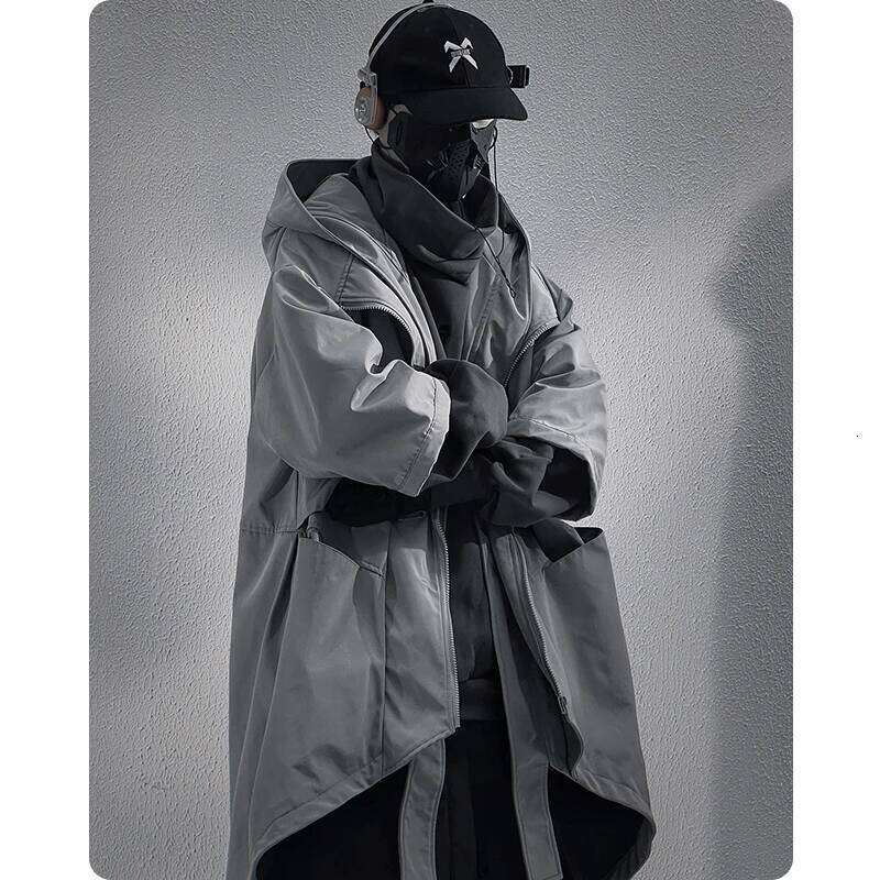 Unisex High Street Spring Functional Academy Style Mid Sleeved Trench Coat Casual Hooded Length Jacket Men'S clothing