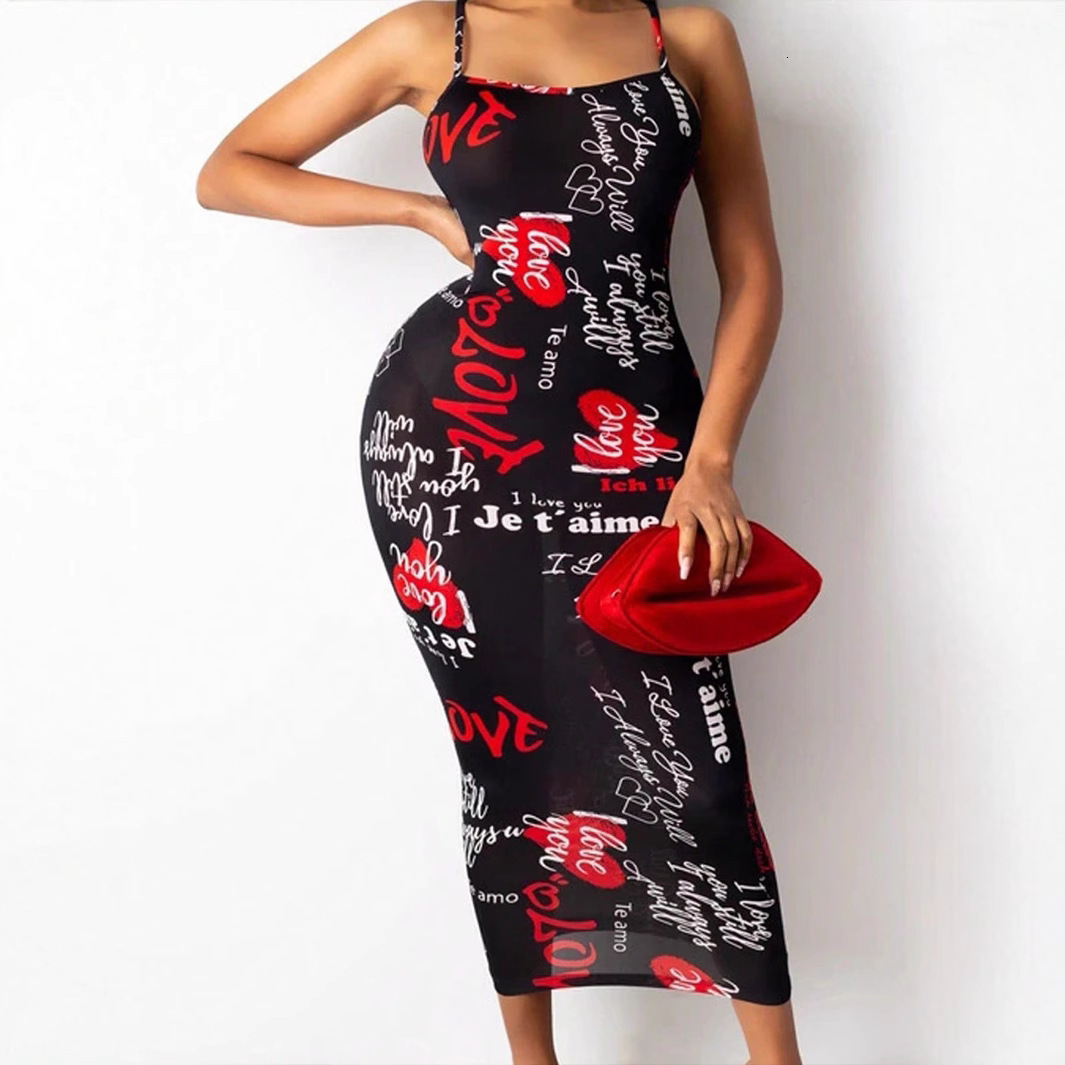 New Sleeveless Hanging Neck Dress Sexy Slim Fit Wrapped Hip Skirt Printed Mid skirt