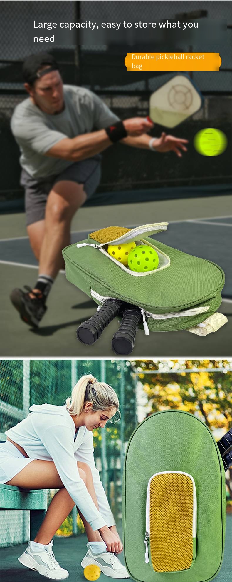 Sports racket bag with single shoulder strap, hook ball pocket, oval shaped activity tennis, sports pickle bag