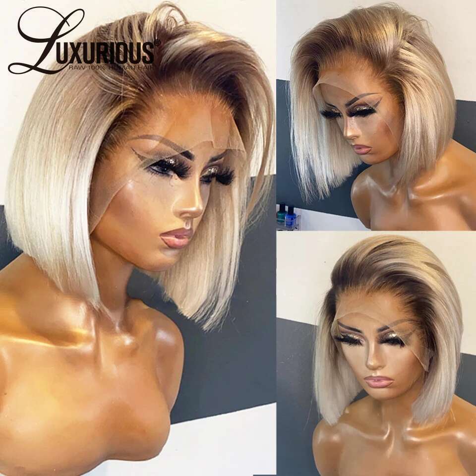 Glueless Ombre Blonde Short Bob Wigs Brazilian Human Hair HD Transparent Preplucked Pixie Cut Lace Frontal Wig Ready To Wear
