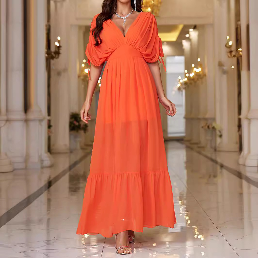 Summer new dress V-neck chiffon drawstring backless refreshing long skirt beach vacation dress