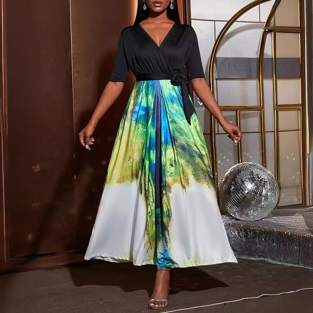 Dress sexy vacation beach dress summer short sleeved tropical printed mid length skirt