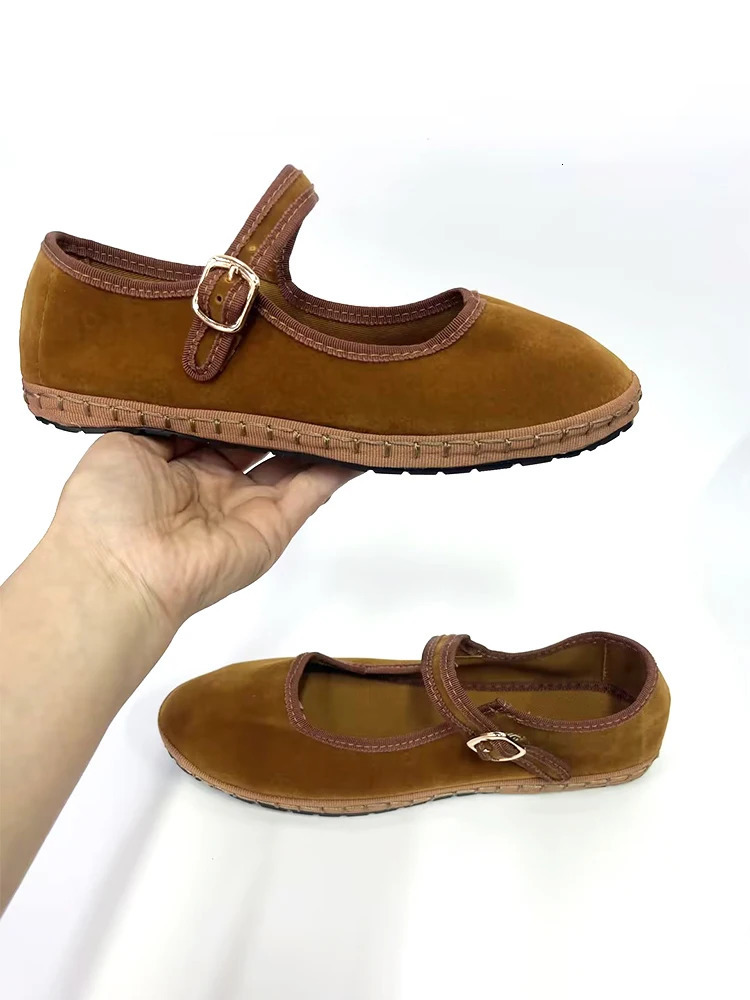 Velvet Mary Jane Shoes for Women Hand Stitch Casual Streetwear Ballet Flats Pumps Female Solid Color Red Cloth Loafers 250526