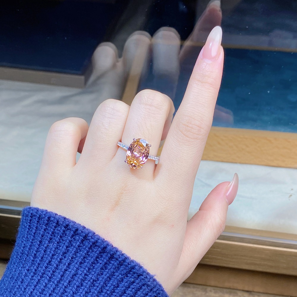 6CT oval S925 sterling silver gemstone blue crystal pink high carbon diamond princess ring personalized fashionable luxurious hand-set pigeon egg-shap