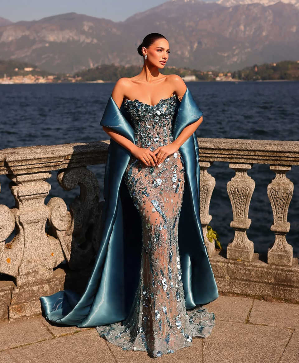 Elegant Evening Dresses For Women Strapless Sleeveless Wrap Gown Sequins Sweep Train Dress Party Customized Dress