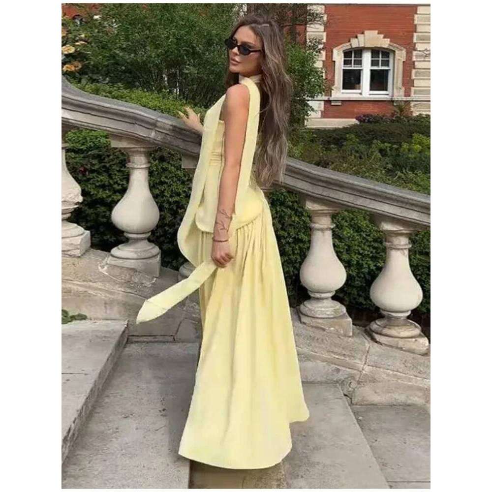 Butter Yellow Pleated Scarf Collar Long Dress Women Tie Back Spliced Backless Split Party Dresses 2025 Summer Asymmetric Robes