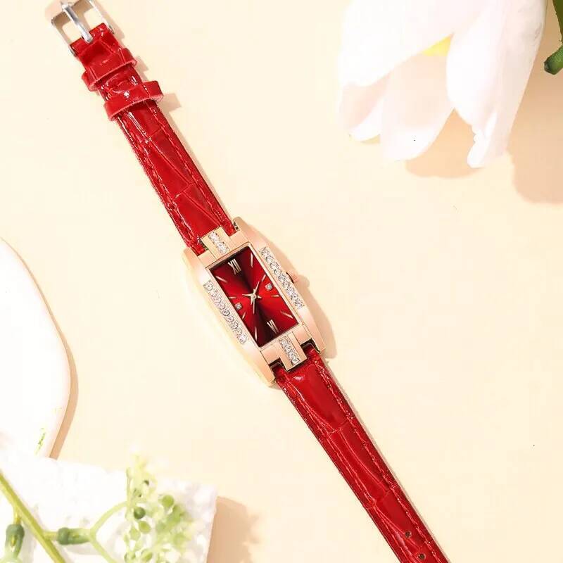 6PCS Set Fashion Women Rectangle Watches Ladies Dress Red Leather Quartz Womens Necklace Earrings Bracelet Wrist Watch
