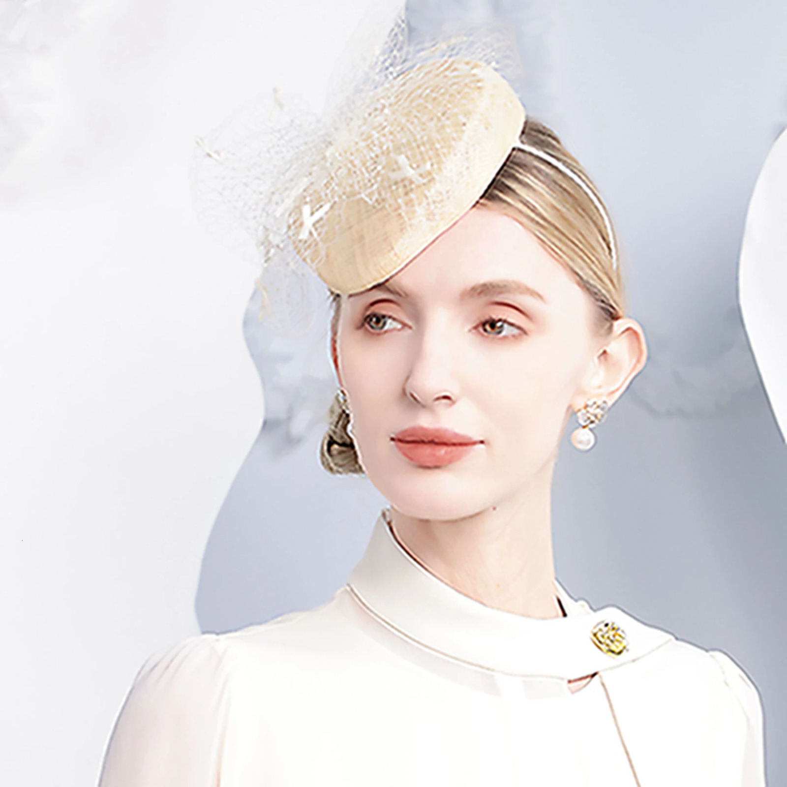 Champagne Feathers Sinamay Fascinator Hat Headband Wedding Veil Tea Party Bridal Hair Accessory 250520