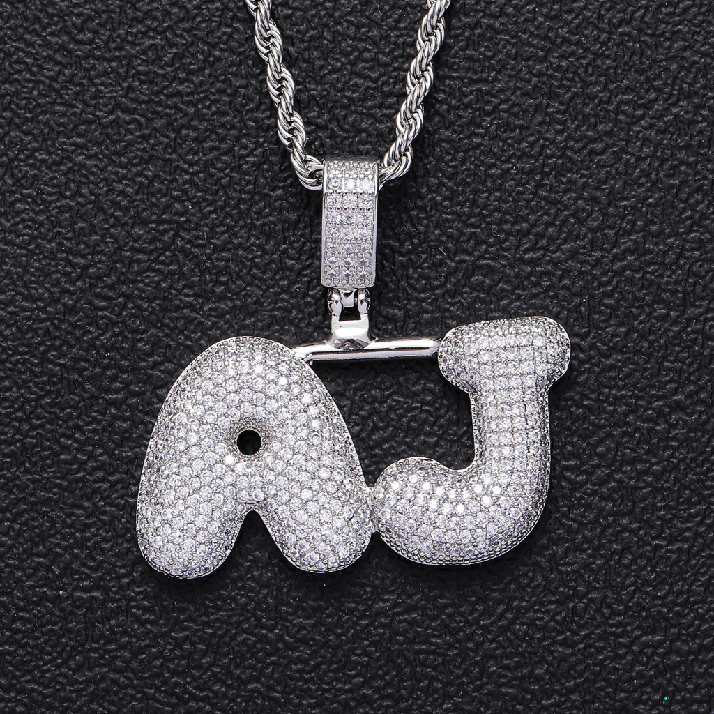 DIY Custom A-Z Name Bubble Letters 0-9 Numbers Pendant Necklace for Men Women with TopBling White Zircons