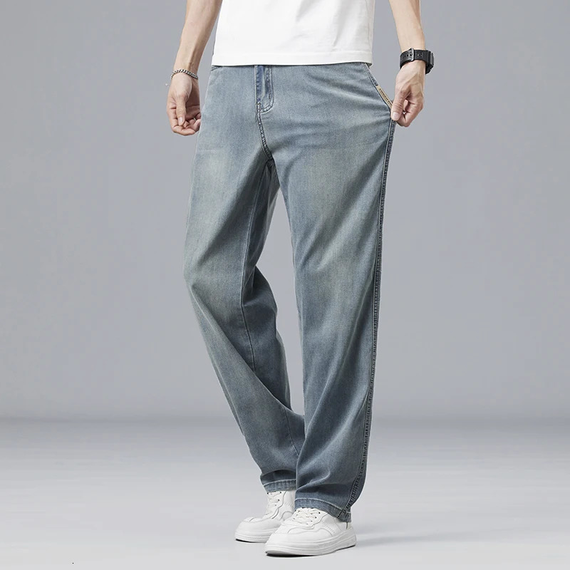Summer Ultrathin Lyocell Mens Jeans Drape Soft Fabric Loose Straight Casual Denim Pants Elastic Ice Silk Male Trousers 250520Z