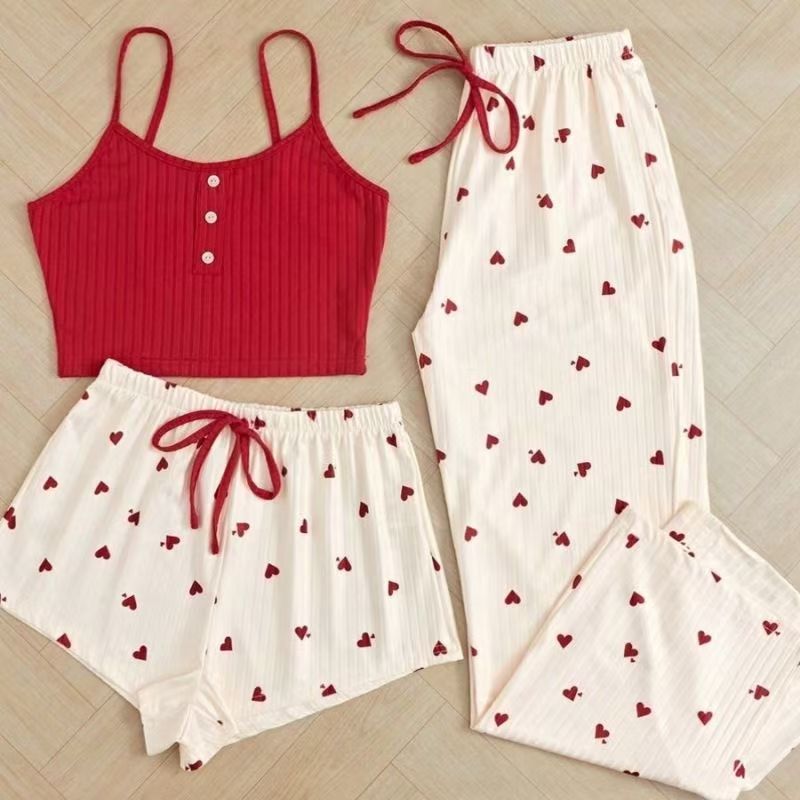 X180-Peach heart slimming suspender pajamas women's spring three-piece set high-end sexy home wear suit
