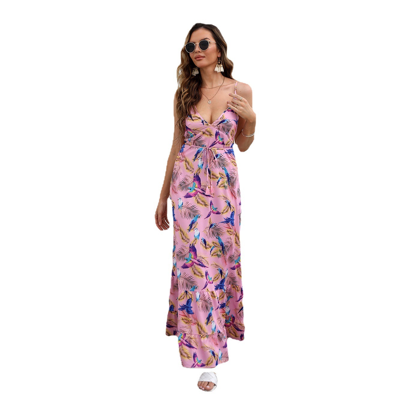 Summer New Womens V-Neck Waist Wrapped Dress with Hanging Strap Printed Dress for Women