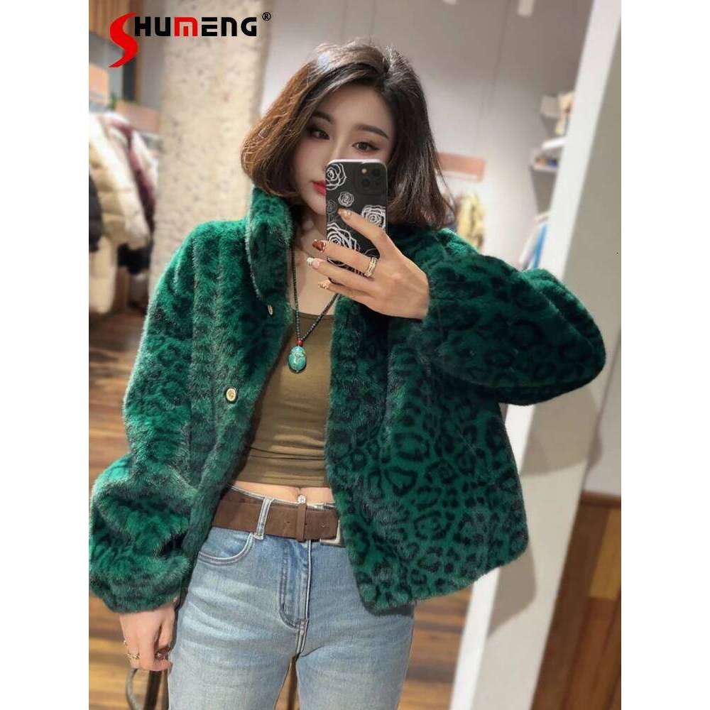 2024 Winter New Lapel Leopard Print Imitation Mink Jacket Women's Environmentally Friendly Fur Integrated Coats