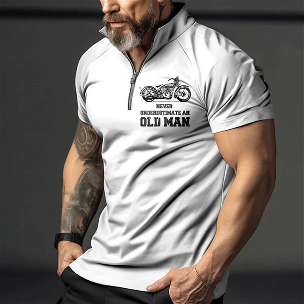 Vintage Short Sleeve Men's Polo Shirts Motocycle 3d Print Lapel Zipper Man Top High Quality Oversized Male Shirt Casual Clothing